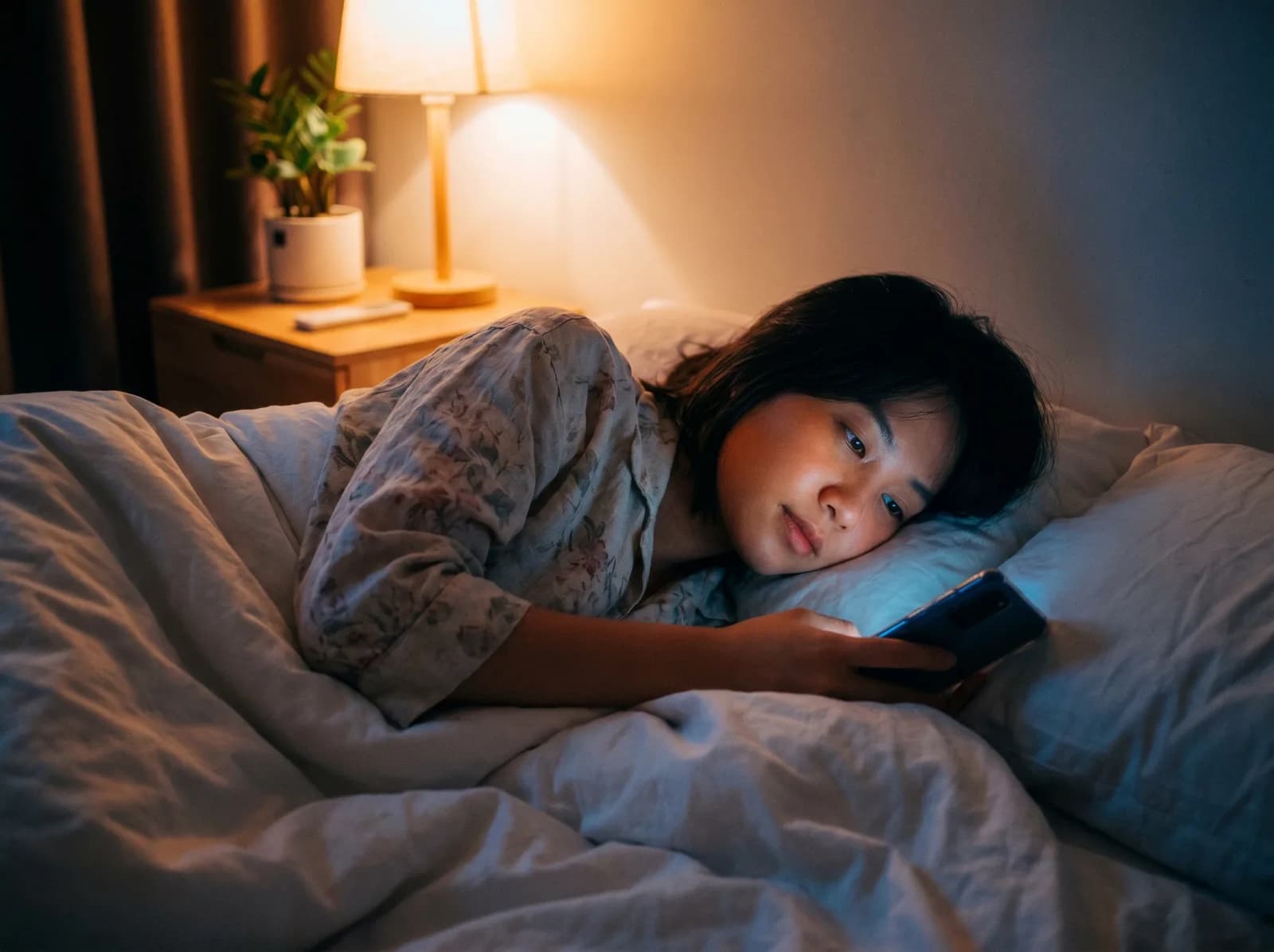 Người trẻ nằm đọc điện thoại lúc khuya, ánh đèn ngủ ấm