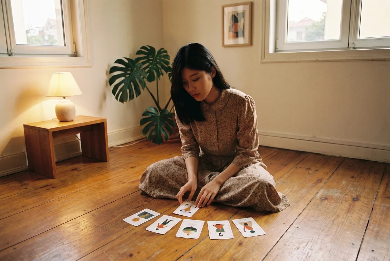 Hà ngồi xếp bằng trên sàn gỗ căn hộ Hà Nội, năm lá tarot trải trước mặt