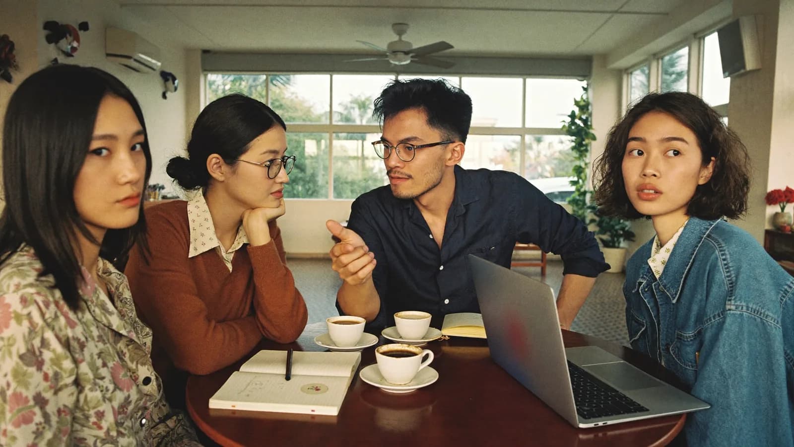 Bốn founders SoiTarot ngồi quanh bàn cà phê ở Sài Gòn, ánh sáng vàng chiều