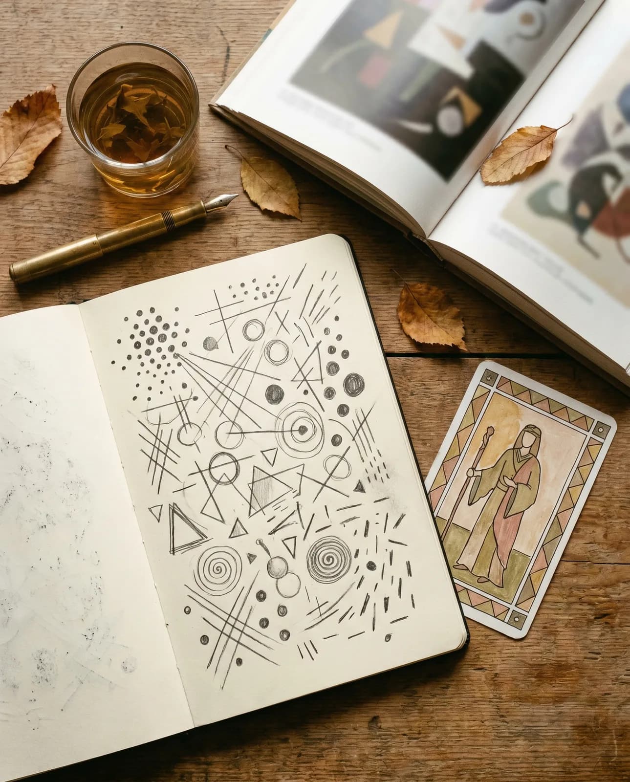Sổ tay nghiên cứu của Hà — note, một lá tarot và sách lịch sử trên bàn gỗ