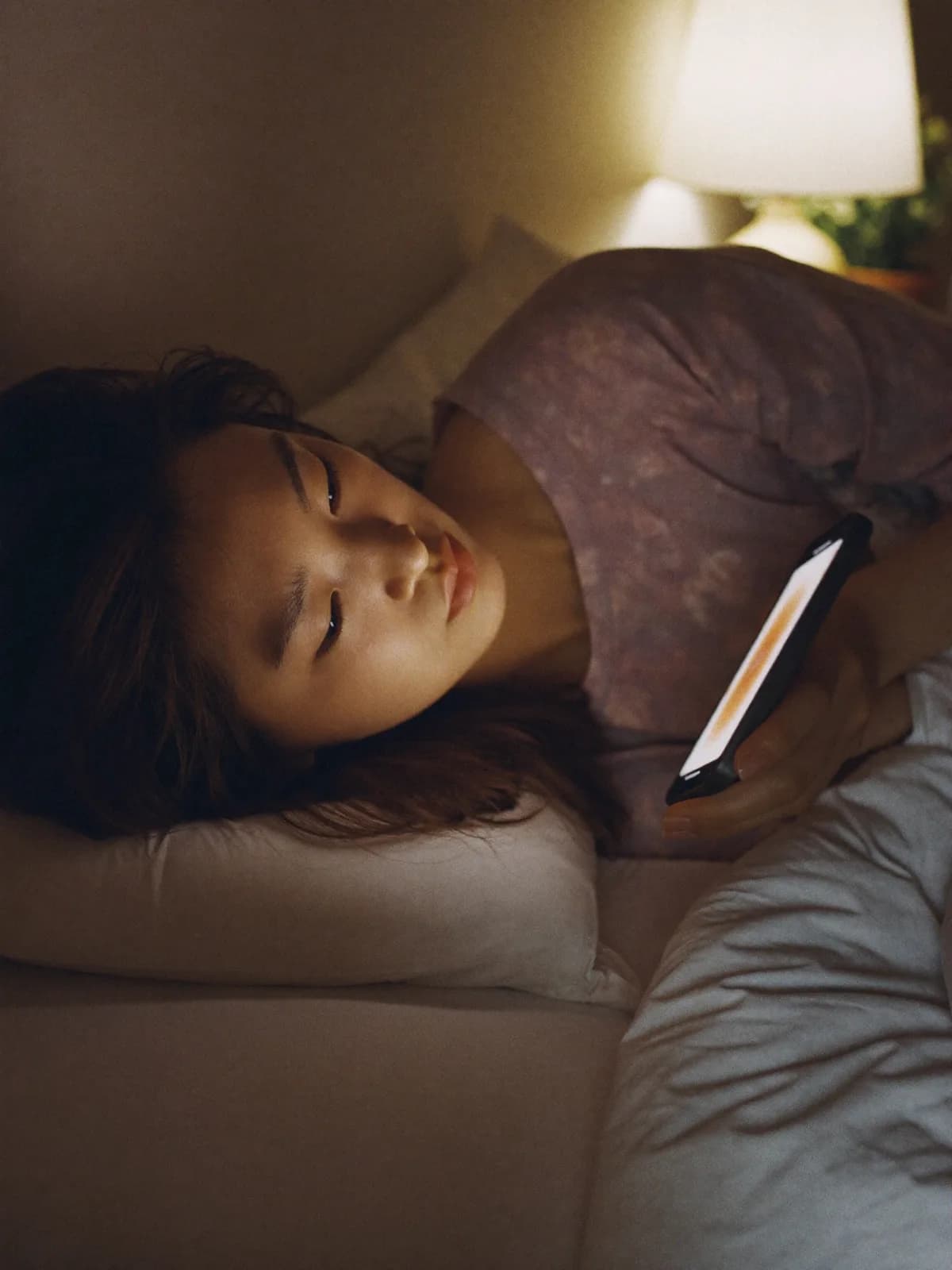 Một người trẻ Việt nằm trên giường đọc SoiTarot trên điện thoại buổi đêm
