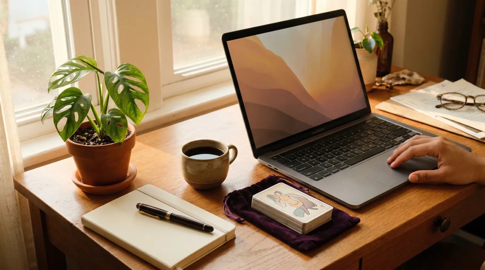 Bàn làm việc của Hà — laptop, bộ bài tarot, cốc cà phê và cây trong góc
