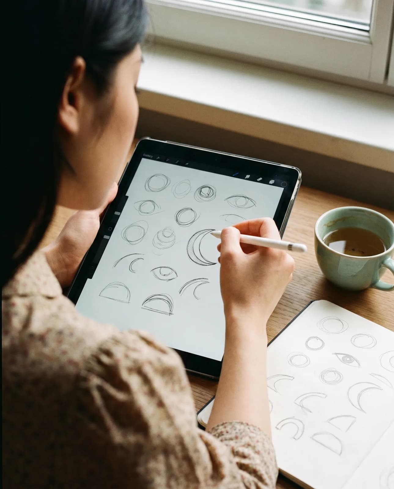 Hà vẽ phác thảo logo SoiTarot trên iPad — những hình trăng lưỡi liềm, mắt, cánh cửa