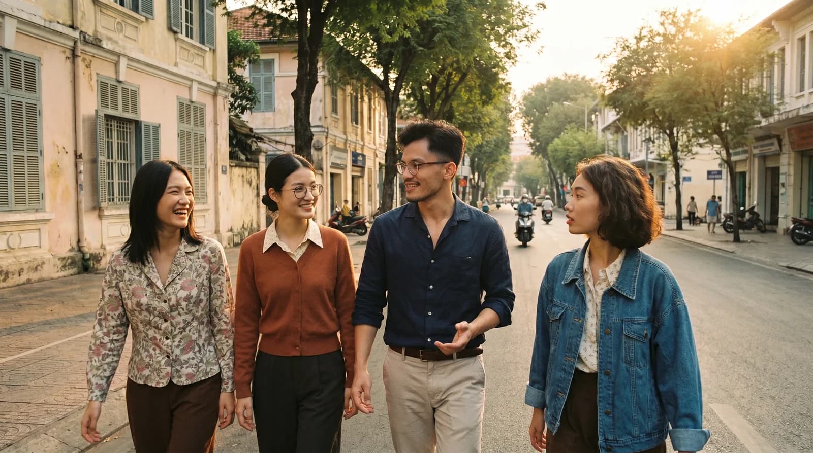 Bốn founders SoiTarot đi cùng nhau trên một con phố Sài Gòn buổi chiều