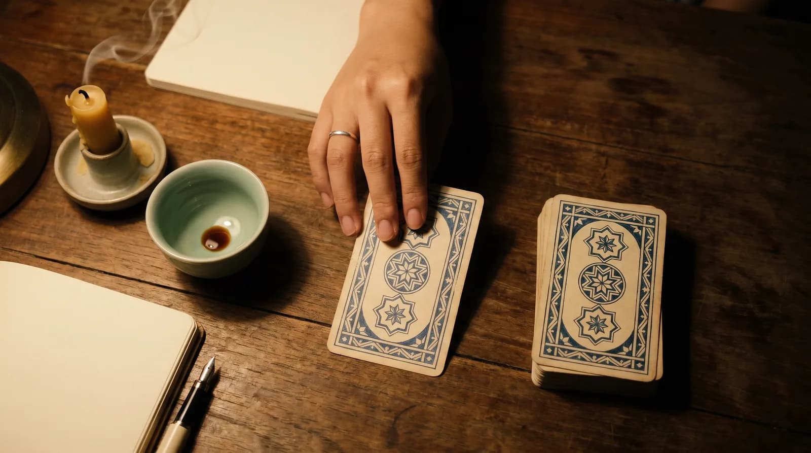 Bàn tay đặt nhẹ một lá tarot úp xuống bàn — khoảnh khắc kết thúc một buổi soi