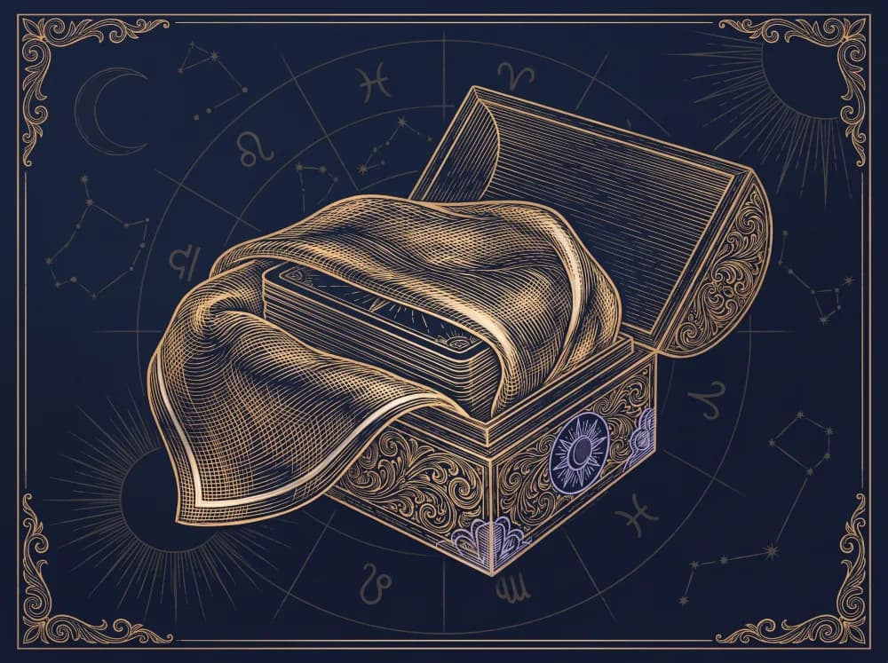 Bộ bài tarot bọc lụa đặt trong hộp gỗ
