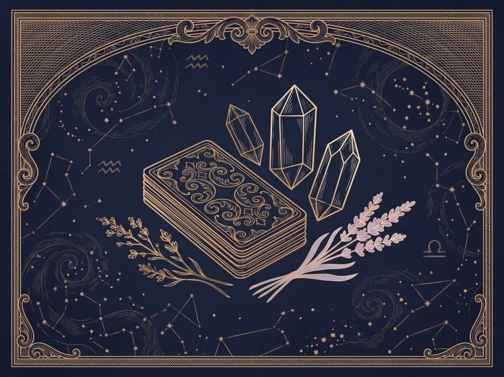 Bộ bài tarot cất cùng pha lê và thảo mộc khô
