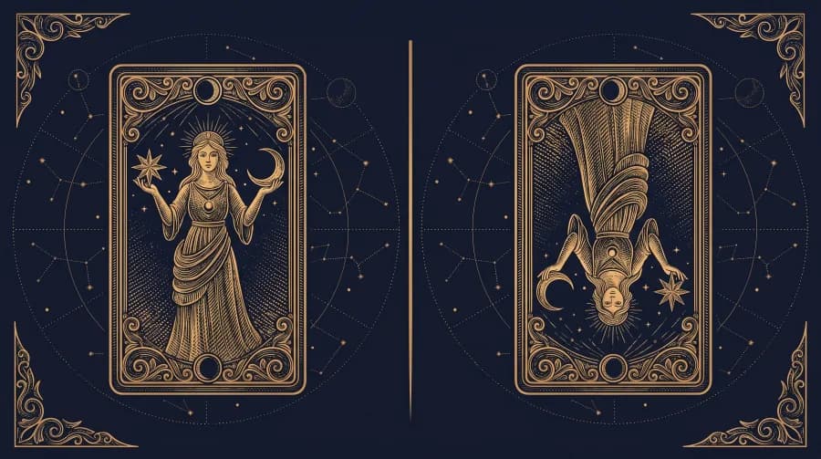 Lá tarot xuôi và ngược đặt cạnh nhau — minh hoạ nét vàng