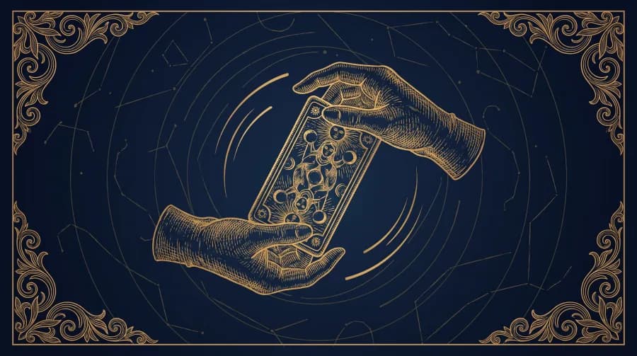 Bàn tay xoay lá tarot từ xuôi sang ngược — minh hoạ nét vàng
