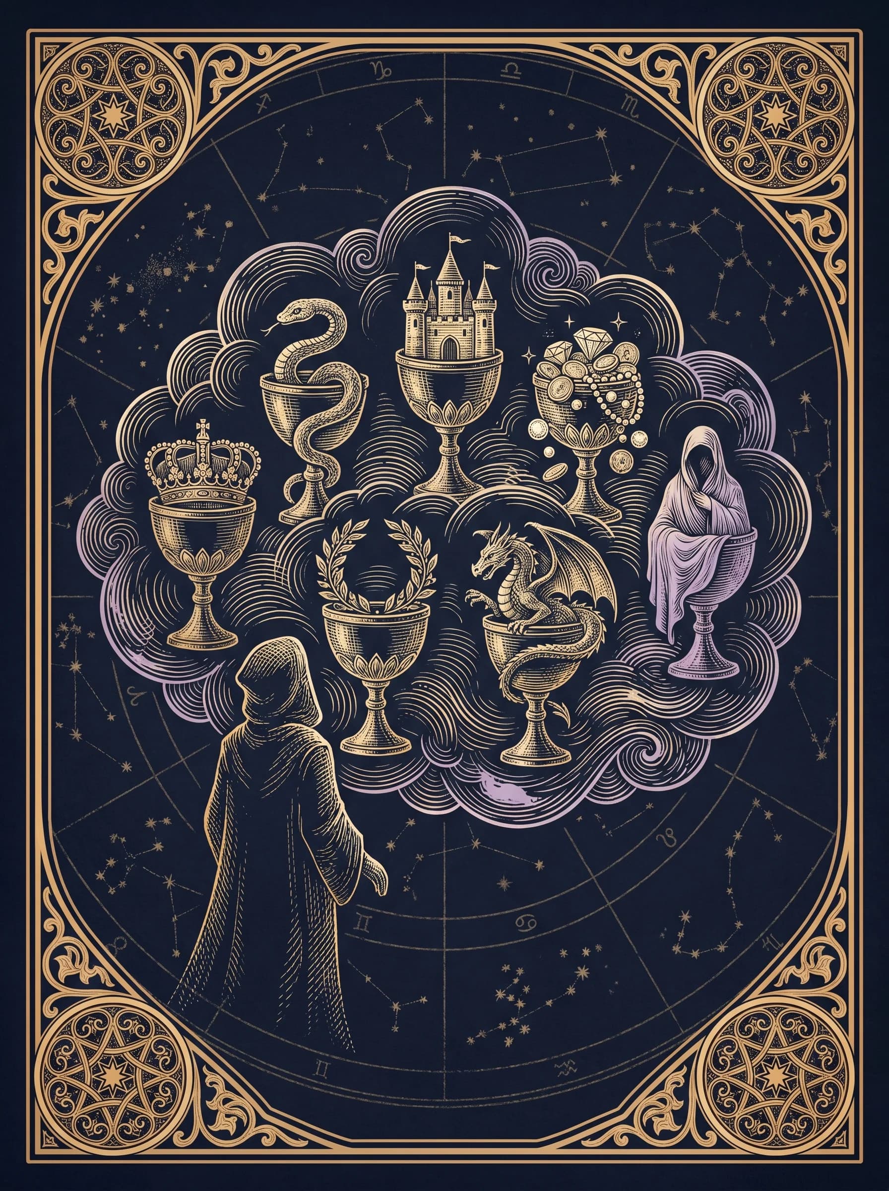 Lá Bảy Cốc (Seven of Cups) — Major Arcana VII · SoiTarot