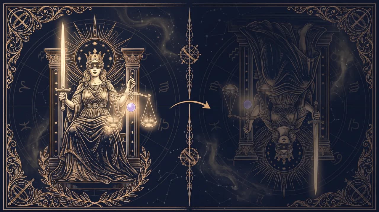 Lá Công Lý (Justice) — so sánh nghĩa xuôi (trái) và nghĩa ngược (phải)