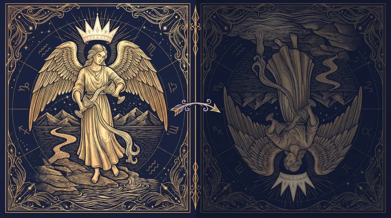 Lá Tiết Độ (Temperance) — so sánh nghĩa xuôi (trái) và nghĩa ngược (phải)