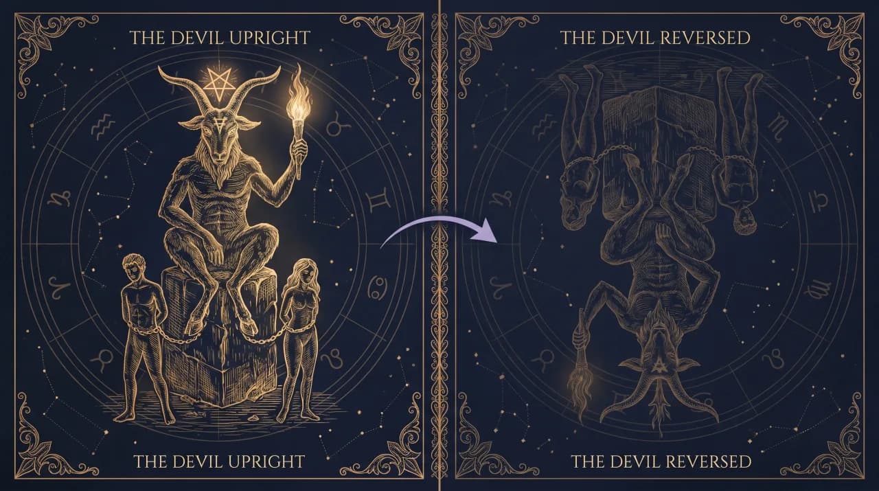 Lá Ác Quỷ (The Devil) — so sánh nghĩa xuôi (trái) và nghĩa ngược (phải)