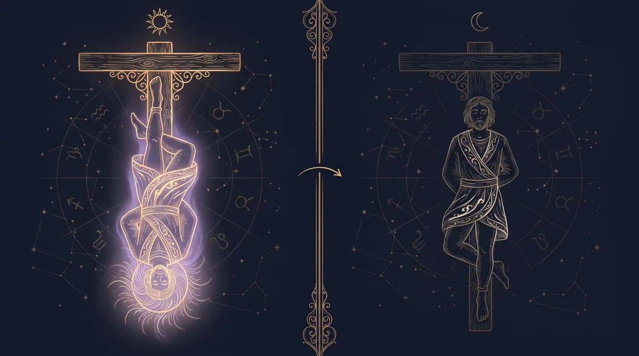 Lá Người Treo Ngược (The Hanged Man) — so sánh nghĩa xuôi (trái) và nghĩa ngược (phải)