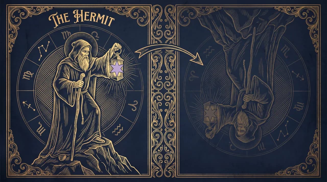 Lá Ẩn Sĩ (The Hermit) — so sánh nghĩa xuôi (trái) và nghĩa ngược (phải)