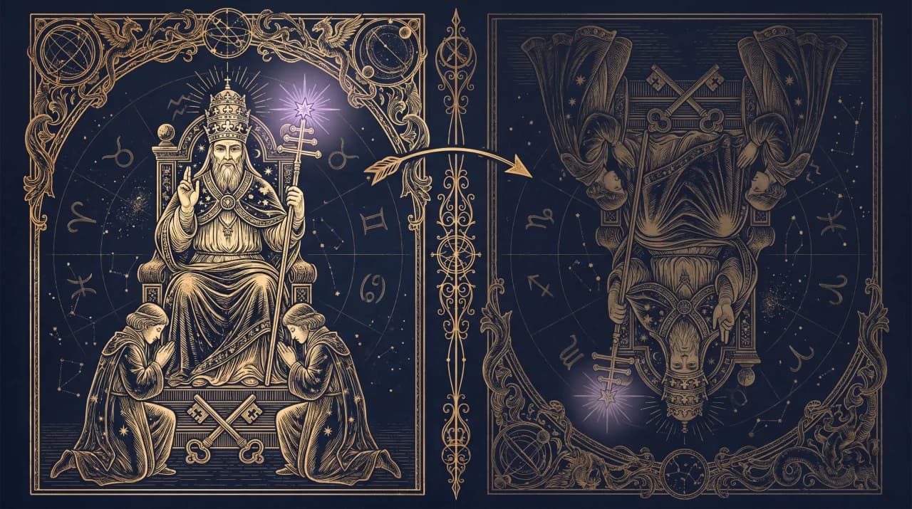 Lá Giáo Hoàng (The Hierophant) — so sánh nghĩa xuôi (trái) và nghĩa ngược (phải)