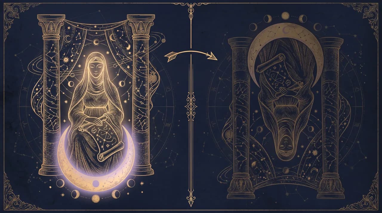 Lá Nữ Tư Tế (The High Priestess) — so sánh nghĩa xuôi (trái) và nghĩa ngược (phải)