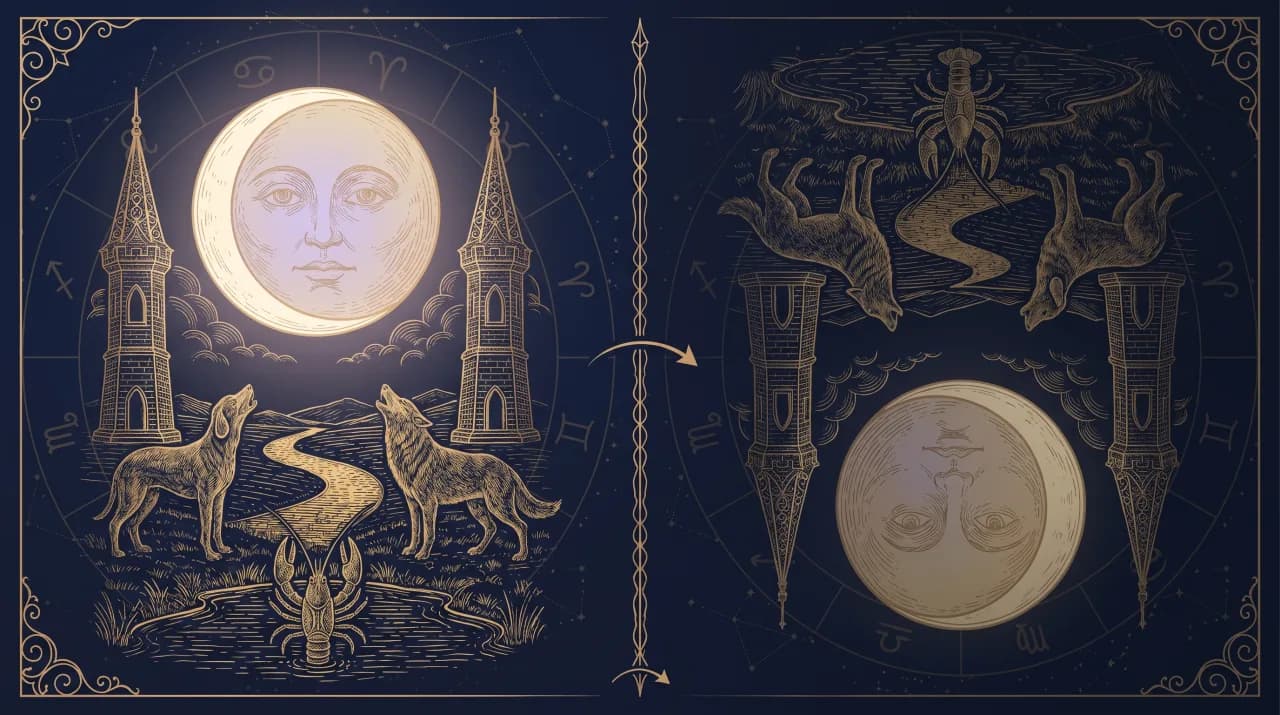 Lá Mặt Trăng (The Moon) — so sánh nghĩa xuôi (trái) và nghĩa ngược (phải)