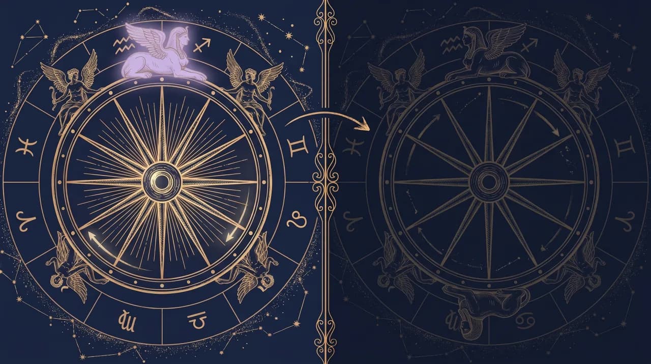 Lá Bánh Xe Vận Mệnh (Wheel of Fortune) — so sánh nghĩa xuôi (trái) và nghĩa ngược (phải)