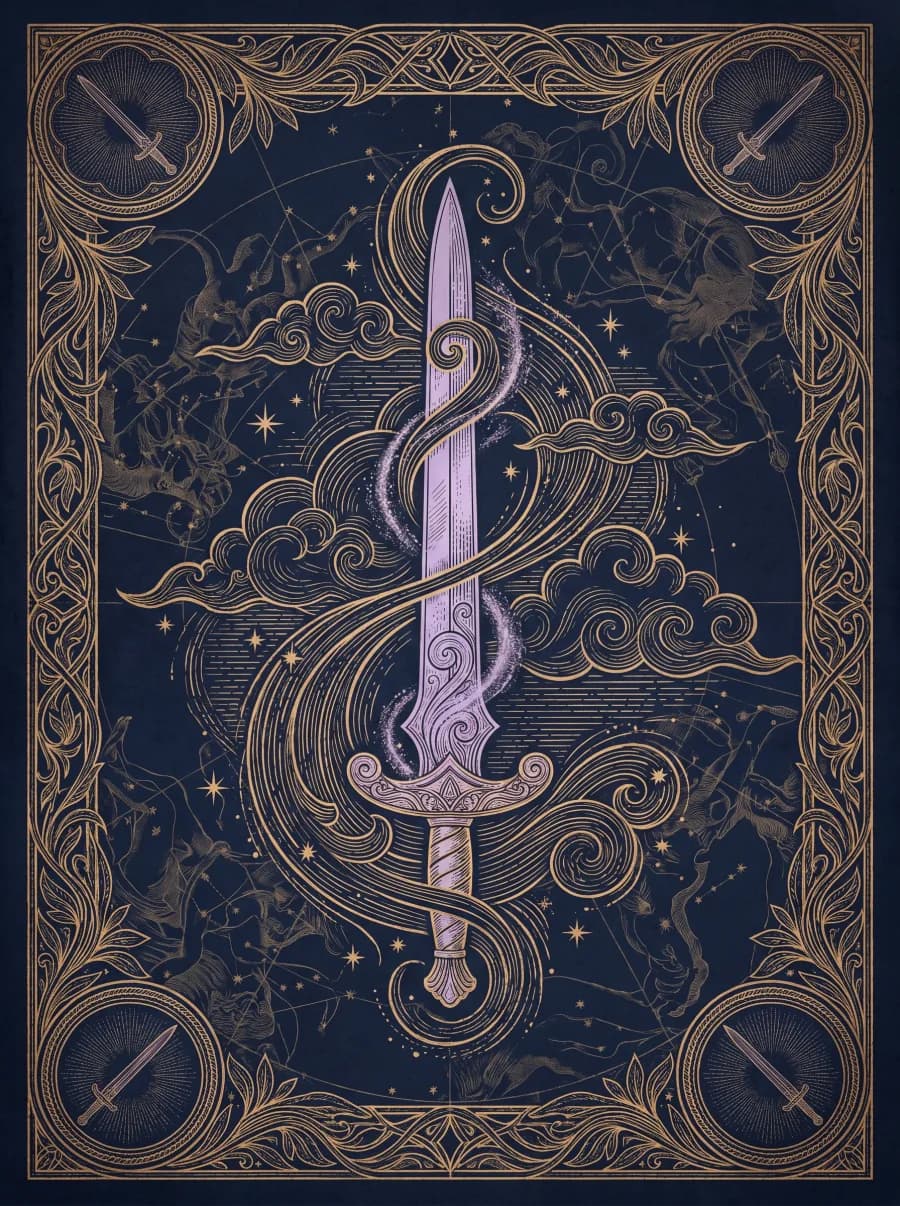 Biểu tượng bộ Kiếm (Swords) — nét vàng khắc trên nền xanh đêm
