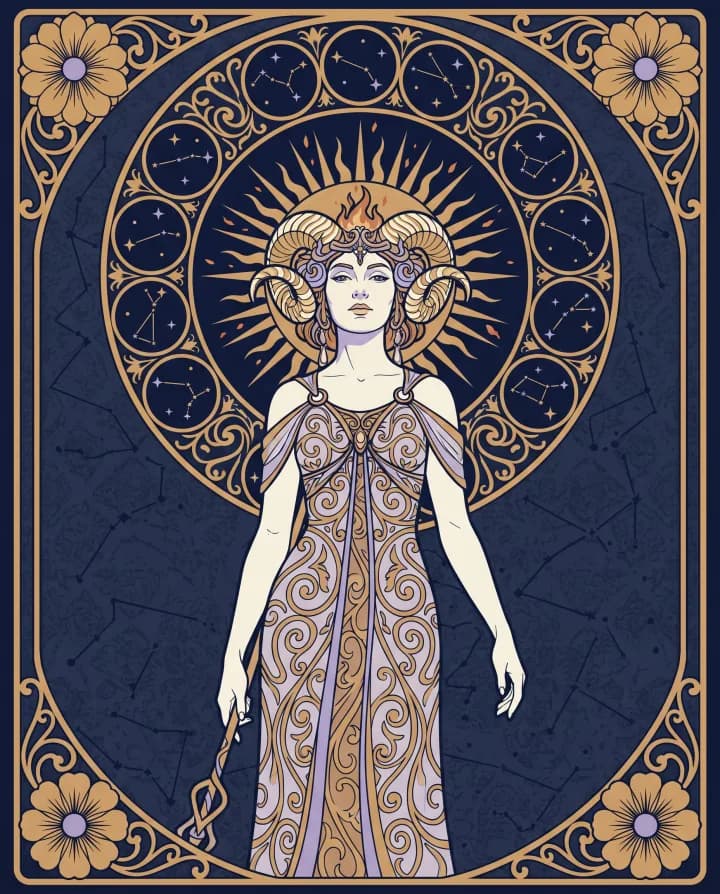 Khí chất cung Bạch Dương (Aries) — tranh Art Nouveau nét vàng trên nền xanh đêm
