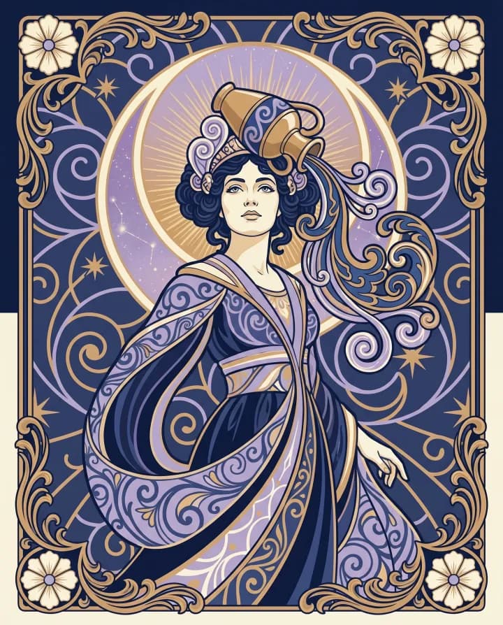 Khí chất cung Bảo Bình (Aquarius) — tranh Art Nouveau nét vàng trên nền xanh đêm