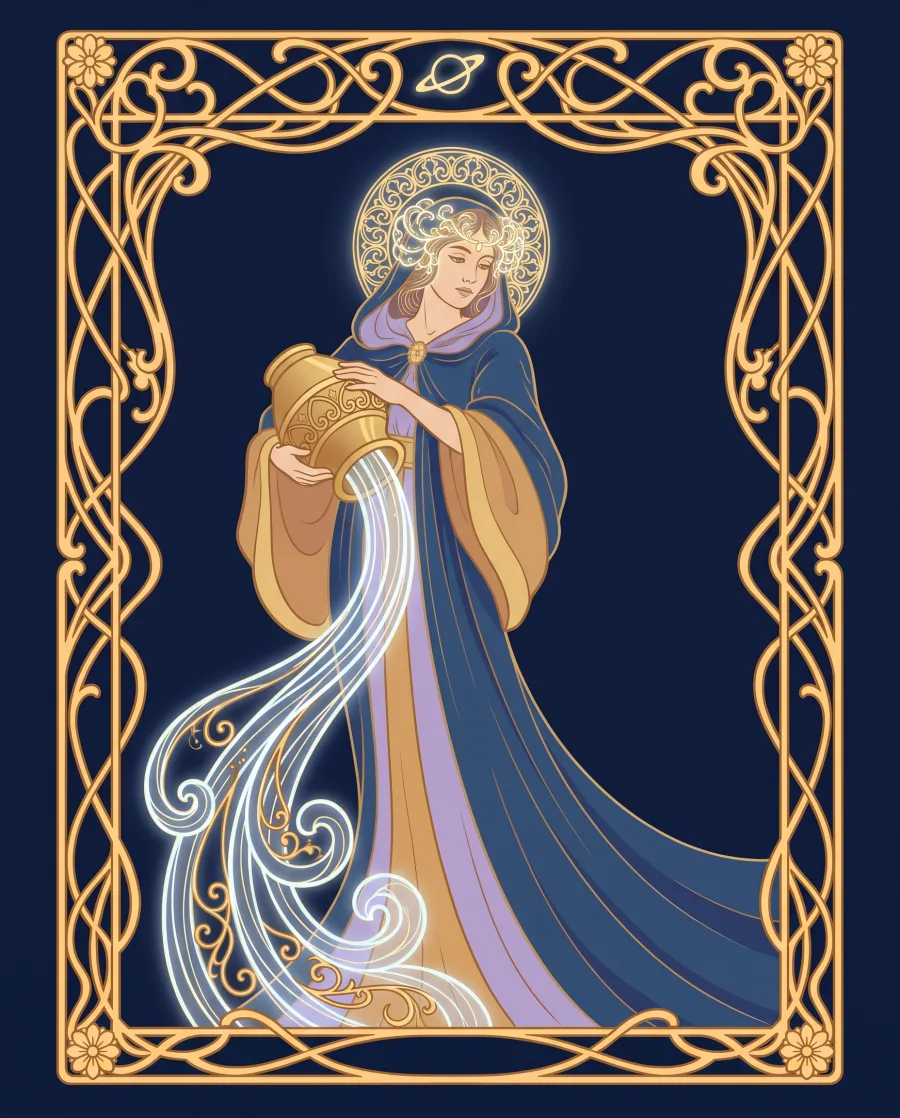 Cung Bảo Bình (Aquarius) — tranh minh hoạ nghệ thuật, nét vàng trên nền xanh đêm