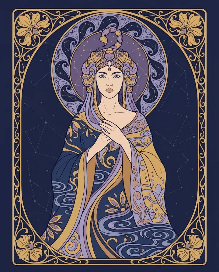 Khí chất cung Bọ Cạp (Scorpio) — tranh Art Nouveau nét vàng trên nền xanh đêm