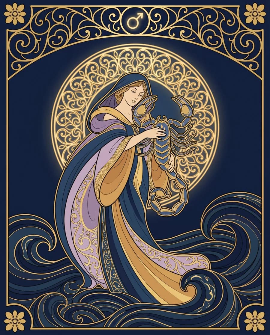 Cung Bọ Cạp (Scorpio) — tranh minh hoạ nghệ thuật, nét vàng trên nền xanh đêm