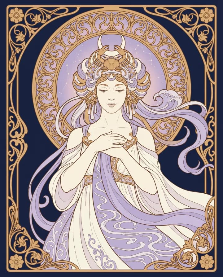 Khí chất cung Cự Giải (Cancer) — tranh Art Nouveau nét vàng trên nền xanh đêm