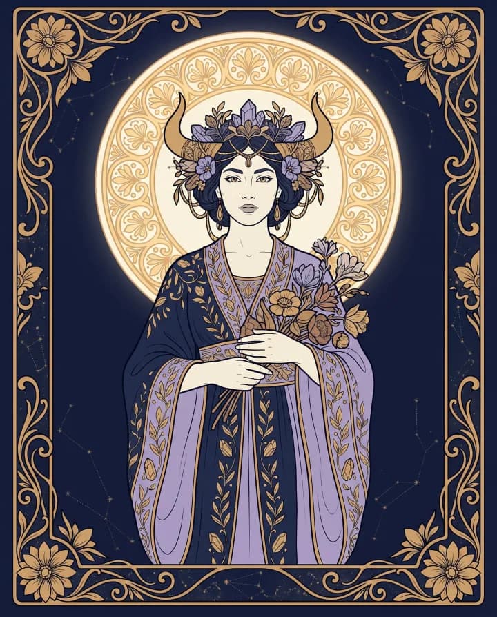 Khí chất cung Kim Ngưu (Taurus) — tranh Art Nouveau nét vàng trên nền xanh đêm