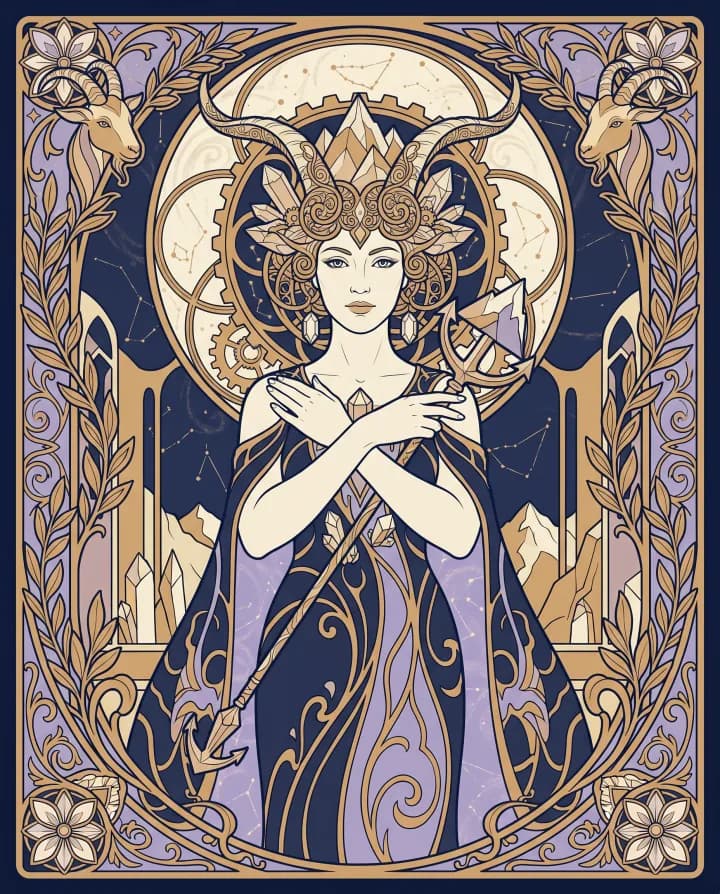 Khí chất cung Ma Kết (Capricorn) — tranh Art Nouveau nét vàng trên nền xanh đêm