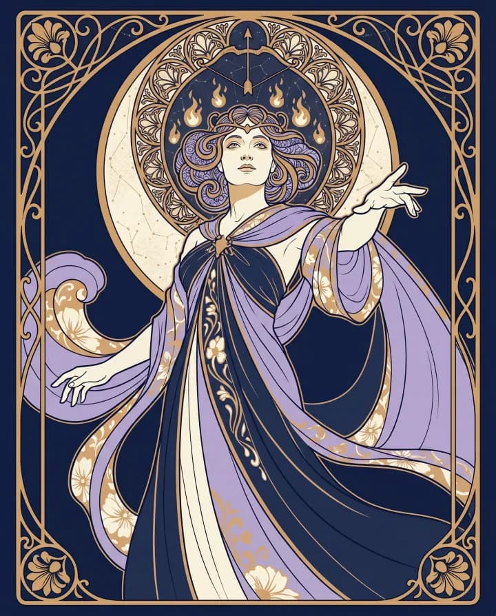 Khí chất cung Nhân Mã (Sagittarius) — tranh Art Nouveau nét vàng trên nền xanh đêm