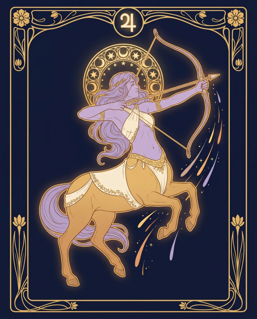 Cung Nhân Mã (Sagittarius) — tranh minh hoạ nghệ thuật, nét vàng trên nền xanh đêm