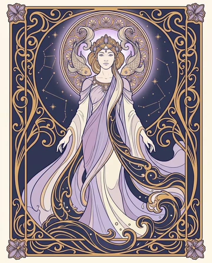 Khí chất cung Song Ngư (Pisces) — tranh Art Nouveau nét vàng trên nền xanh đêm