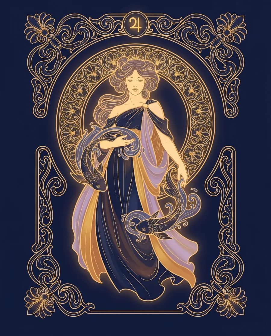 Cung Song Ngư (Pisces) — tranh minh hoạ nghệ thuật, nét vàng trên nền xanh đêm