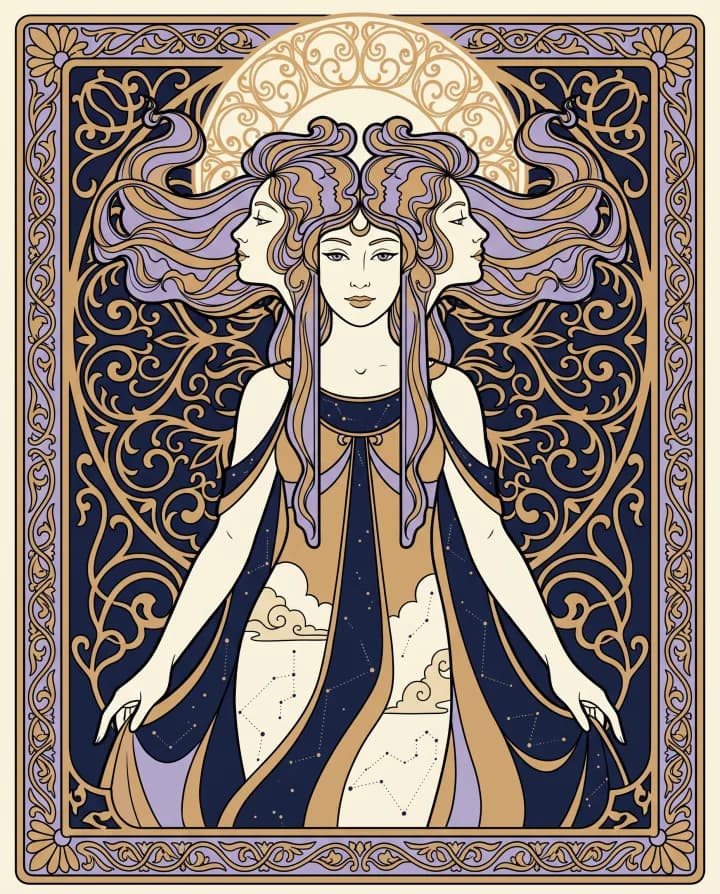 Khí chất cung Song Tử (Gemini) — tranh Art Nouveau nét vàng trên nền xanh đêm