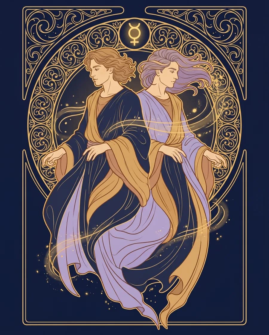 Cung Song Tử (Gemini) — tranh minh hoạ nghệ thuật, nét vàng trên nền xanh đêm
