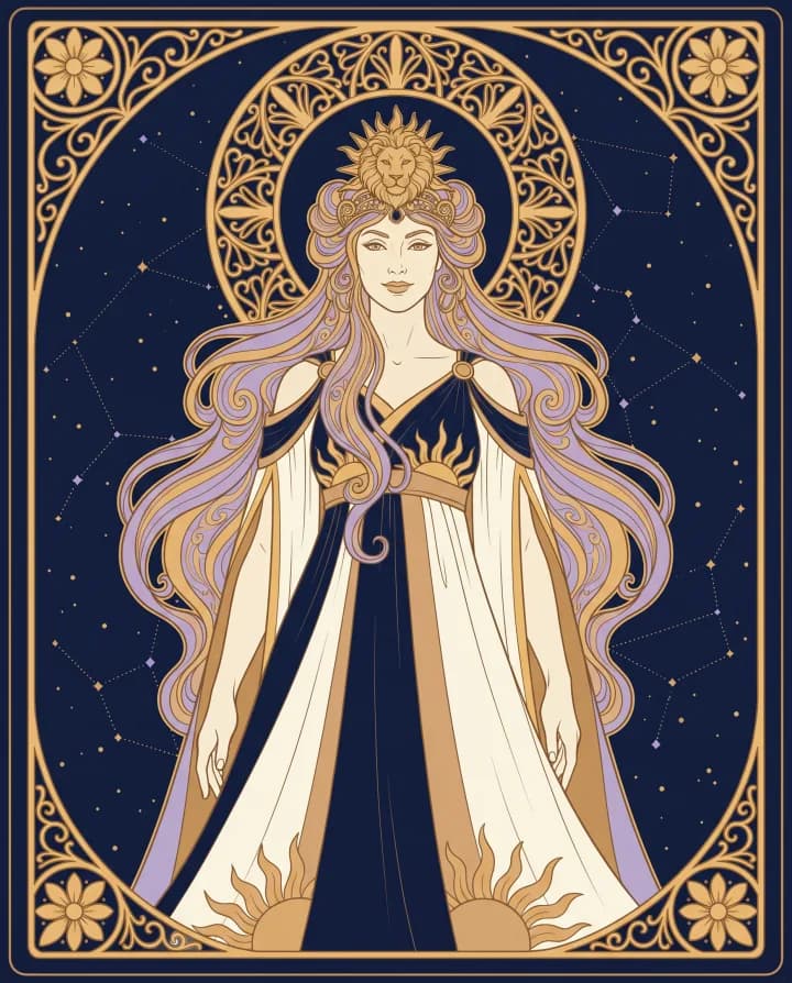 Khí chất cung Sư Tử (Leo) — tranh Art Nouveau nét vàng trên nền xanh đêm