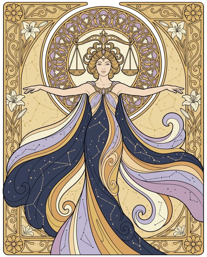 Khí chất cung Thiên Bình (Libra) — tranh Art Nouveau nét vàng trên nền xanh đêm