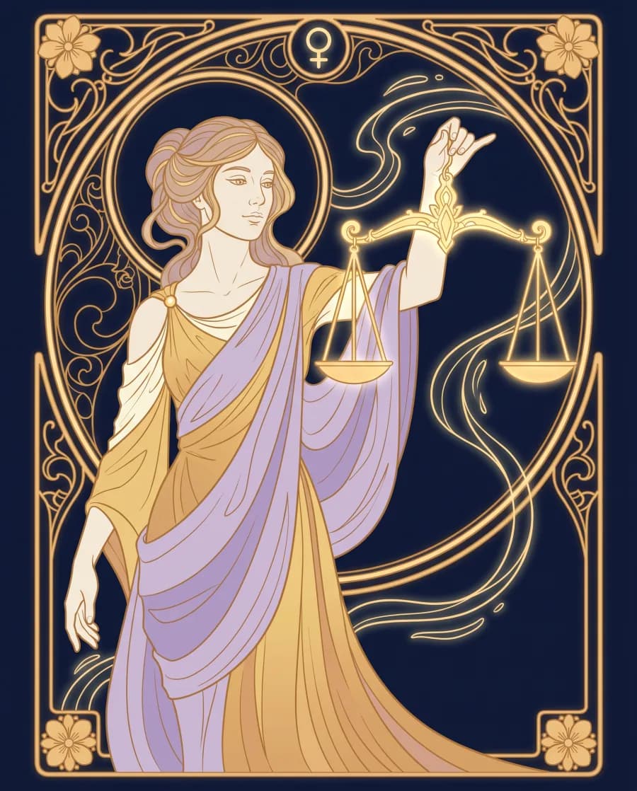 Cung Thiên Bình (Libra) — tranh minh hoạ nghệ thuật, nét vàng trên nền xanh đêm