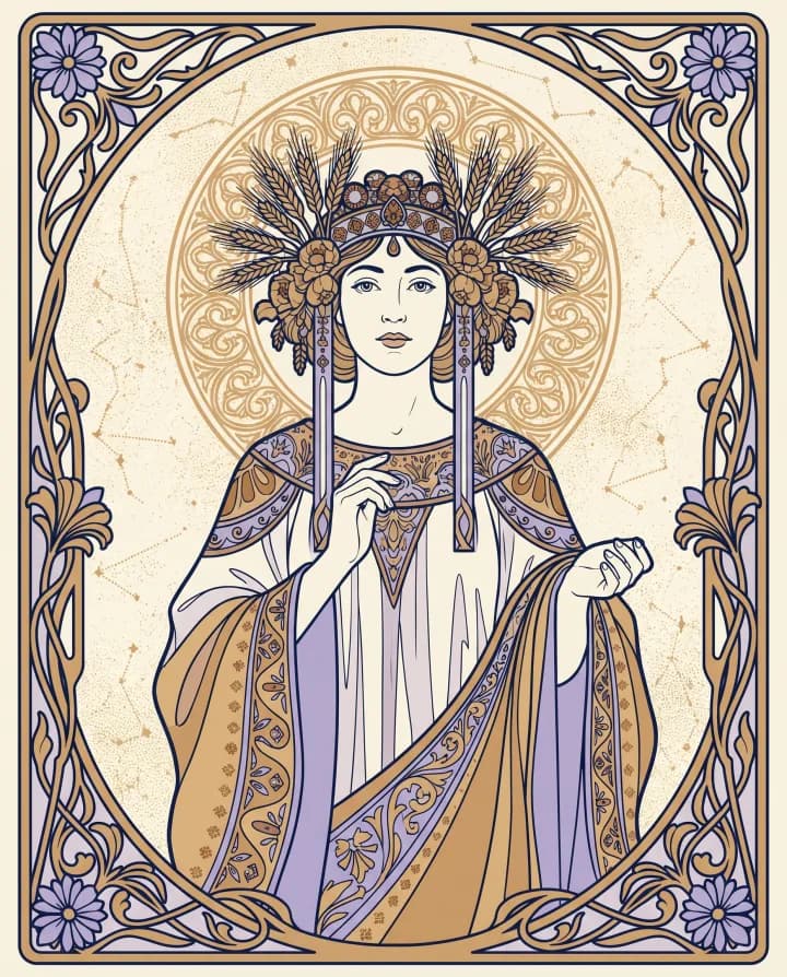 Khí chất cung Xử Nữ (Virgo) — tranh Art Nouveau nét vàng trên nền xanh đêm