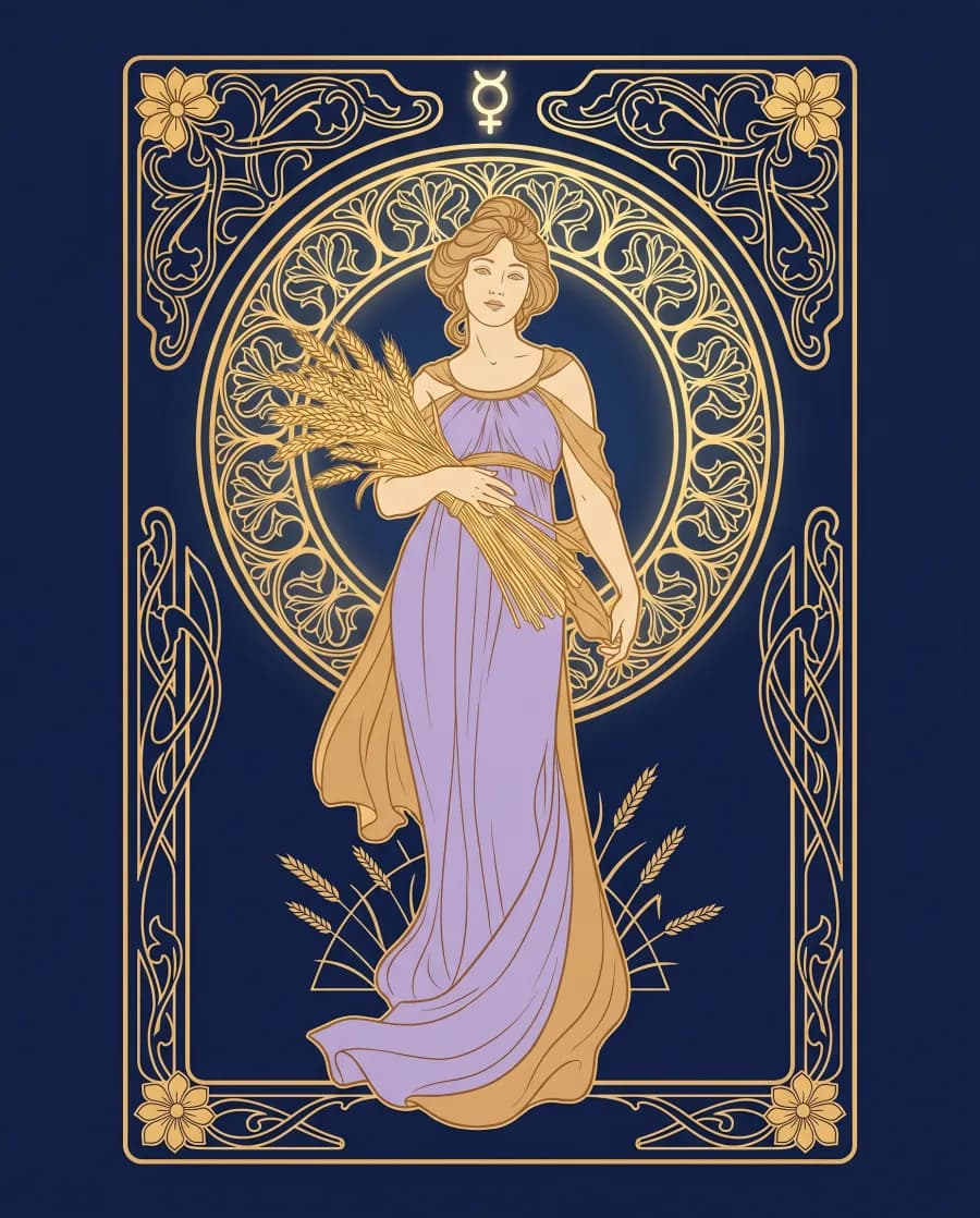 Cung Xử Nữ (Virgo) — tranh minh hoạ nghệ thuật, nét vàng trên nền xanh đêm