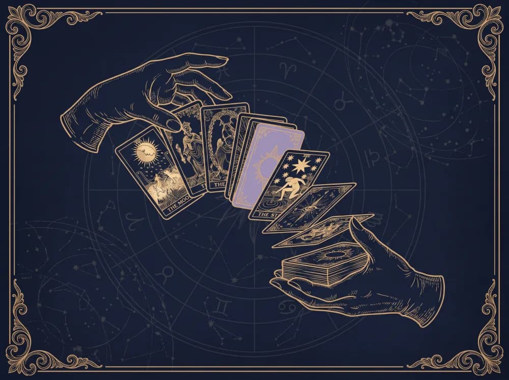 Minh hoạ hai bàn tay xáo bộ bài tarot