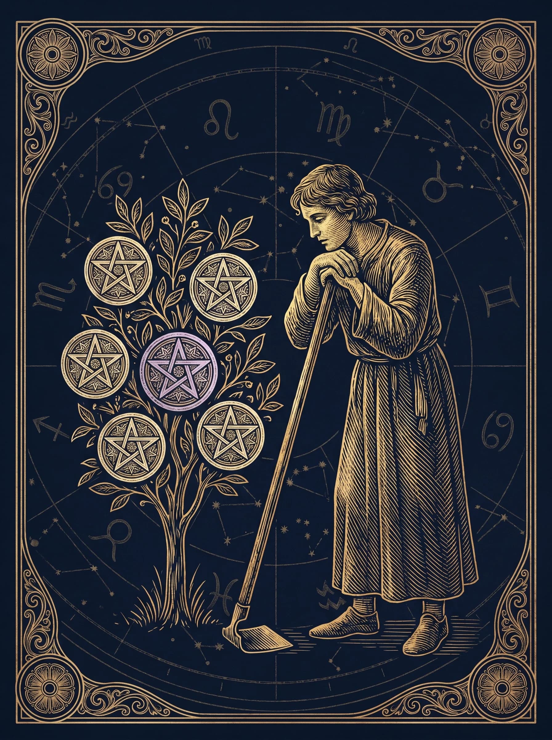 Lá Bảy Tiền (Seven of Pentacles) — Minor Arcana Tiền