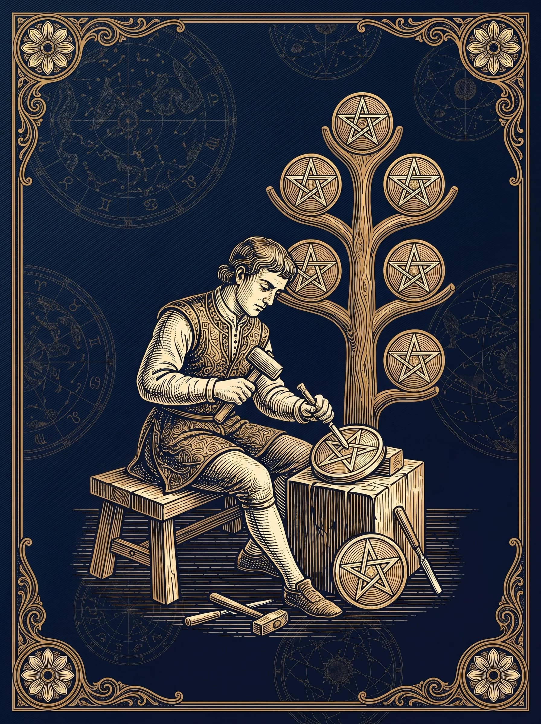 Lá Tám Tiền (Eight of Pentacles) — Minor Arcana Tiền