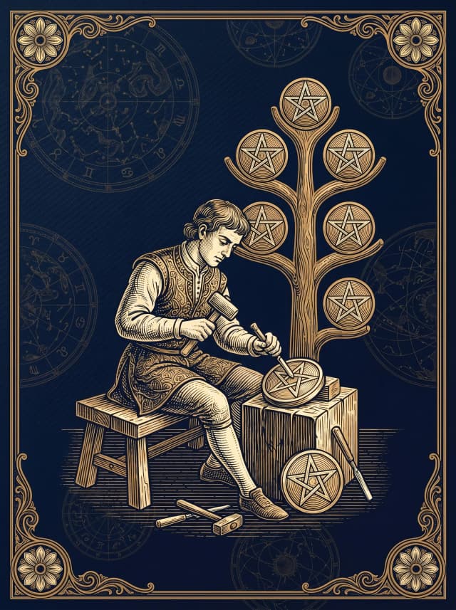 Lá Tám Tiền (Eight of Pentacles) — VIII