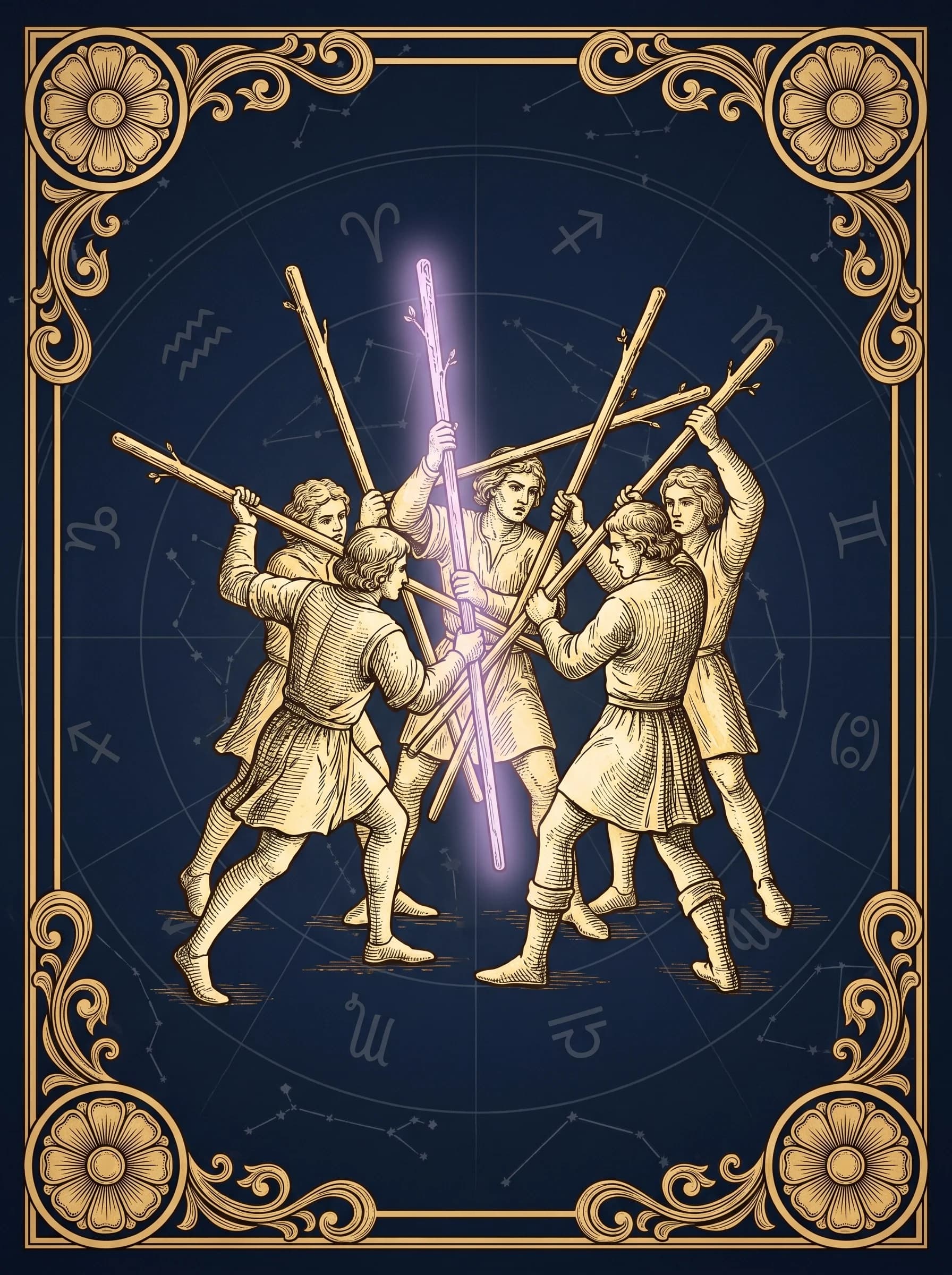 Lá Năm Gậy (Five of Wands) — Minor Arcana Gậy