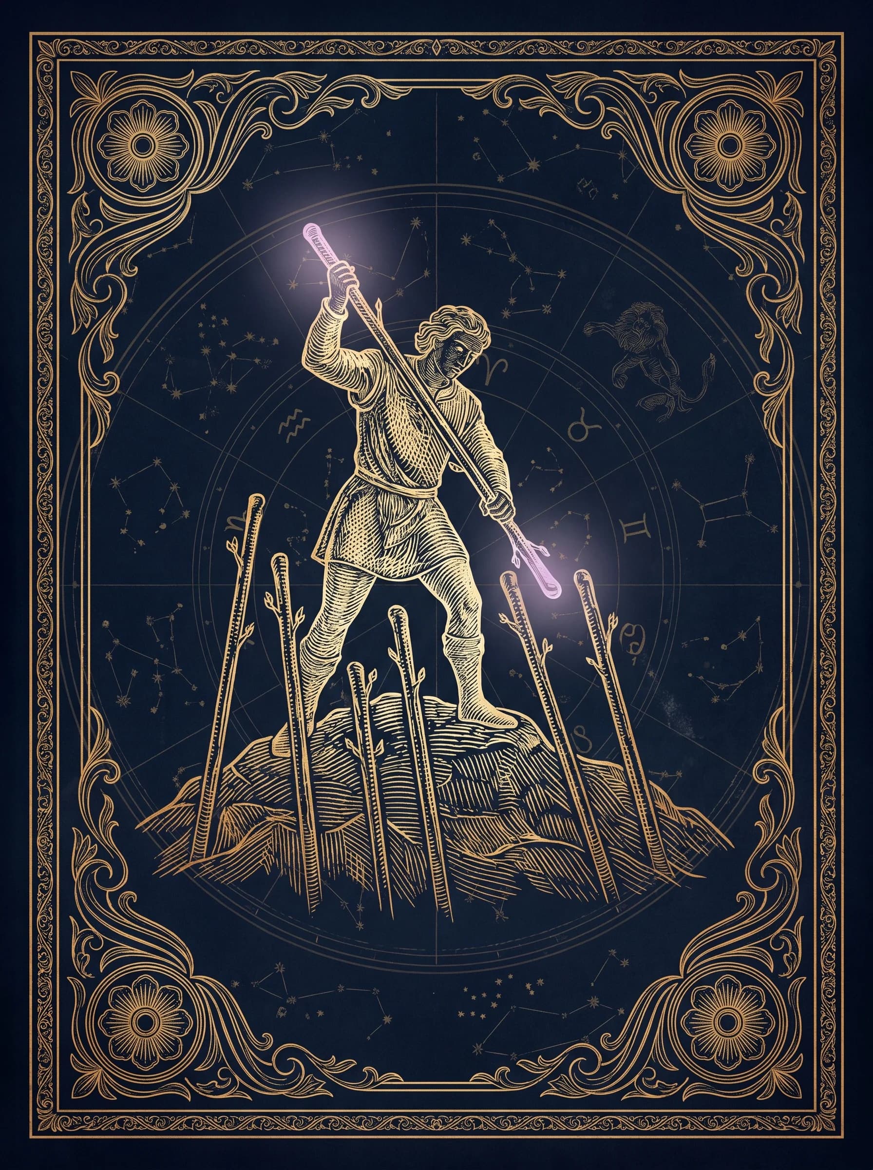 Lá Bảy Gậy (Seven of Wands) — Minor Arcana Gậy