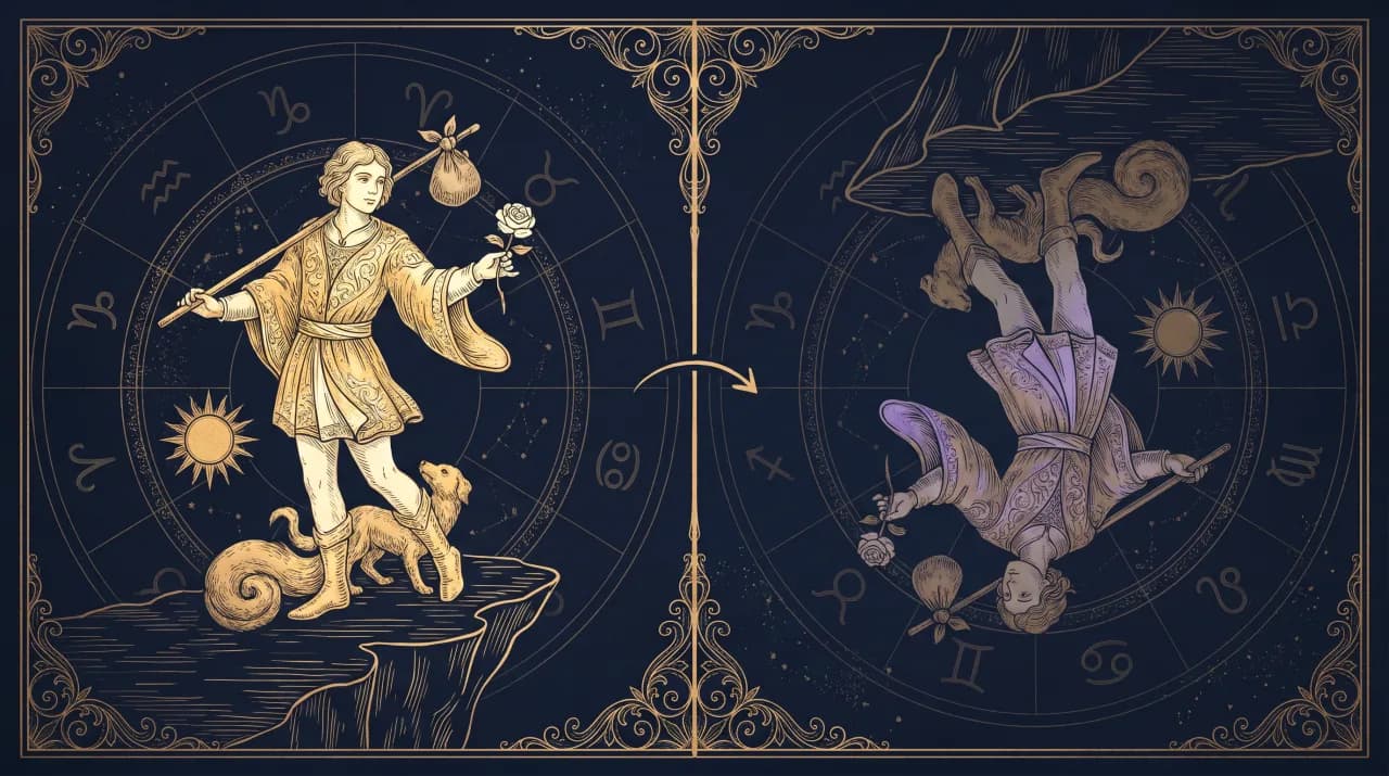 Lá Gã Khờ (The Fool) — so sánh nghĩa xuôi (trái) và nghĩa ngược (phải)